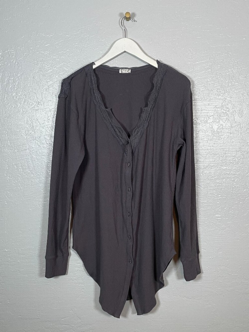 Intimately Free People Women XL Gray Sleepshirt Ribbed Button Front Lace Trim